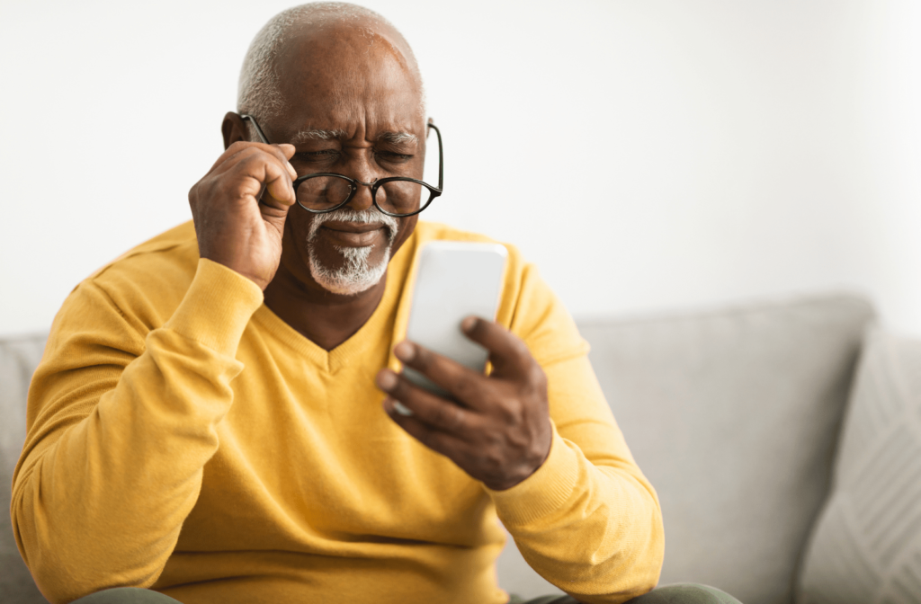 An older man struggling to see his phone due to blurry vision