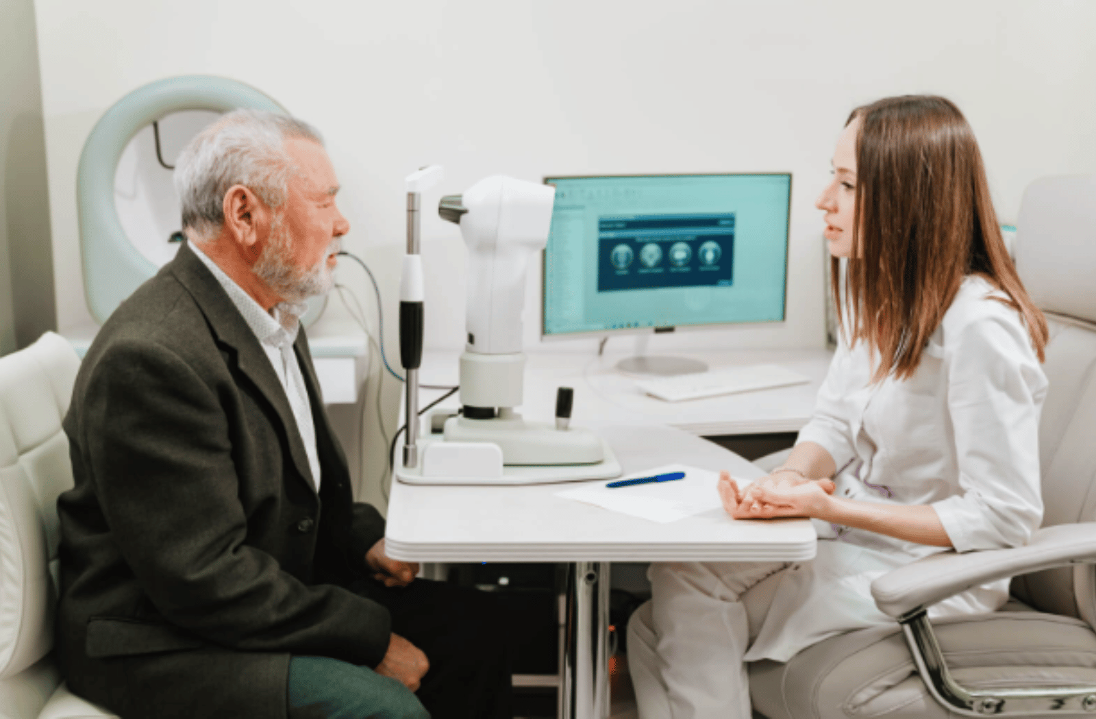 A female optician is sitting face-to-face conducting an interview during an eye examination to her senior male patient