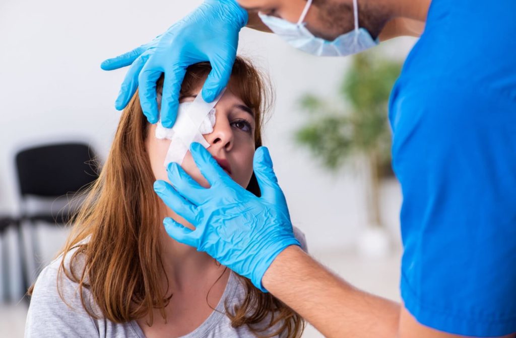 A young adult sits in an examination room with a gauze patch taped over their eye. A health care worker wearing gloves has started to remove the gauze to inspect the patient's eye.