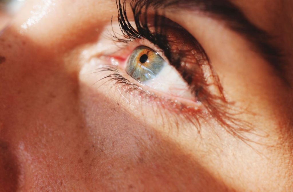 A close-up of an eye in bright light, showing the iris, eyelashes, and surrounding skin in detail.