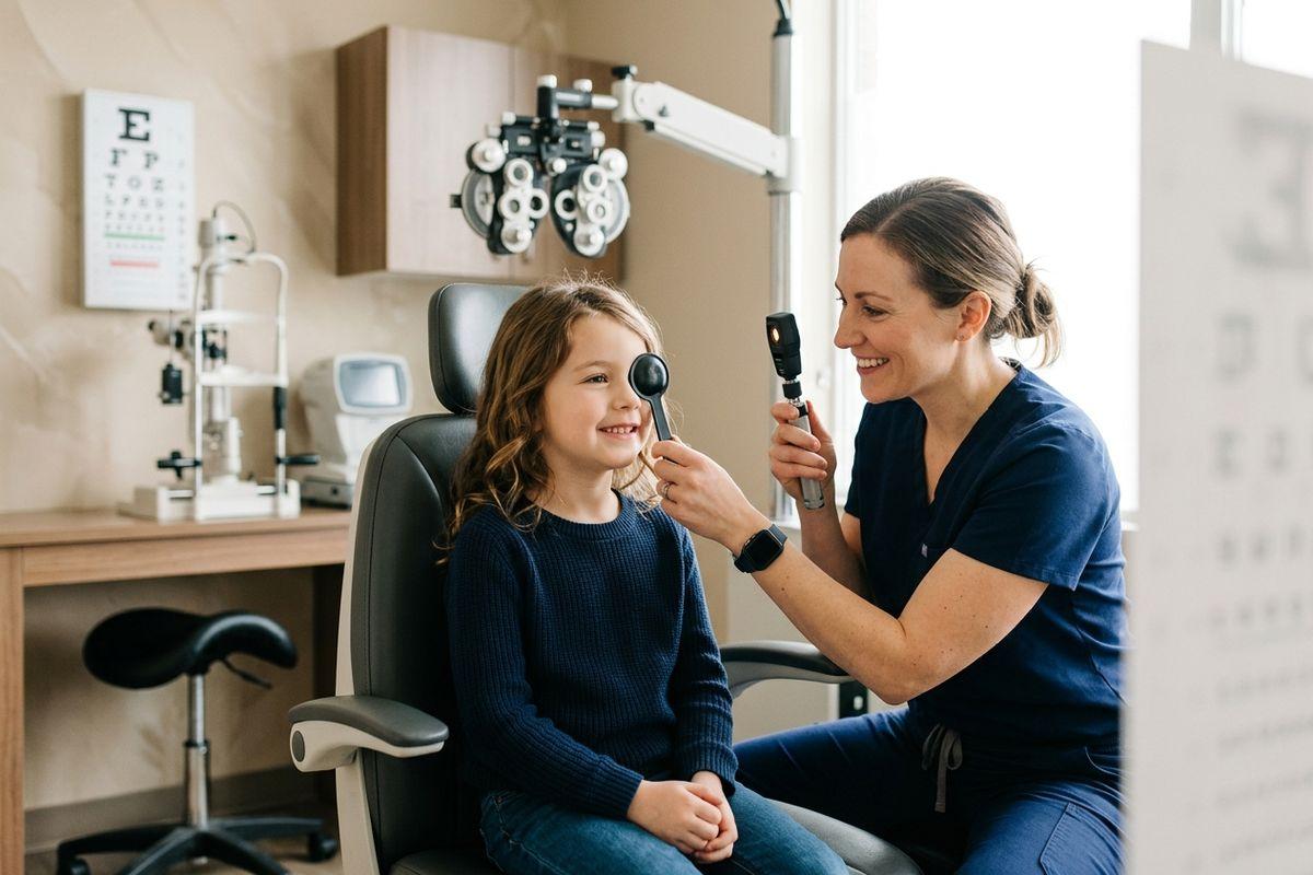 Child looking through a phoropter while an eye doctor performs a comprehensive pediatric eye health exam.