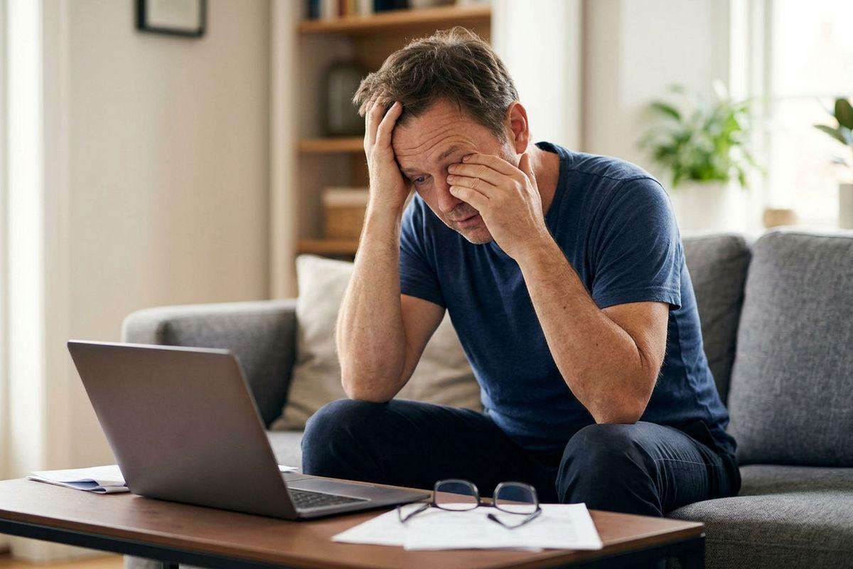Adult rubbing their eyes while sitting in front of a computer screen, experiencing eye strain.