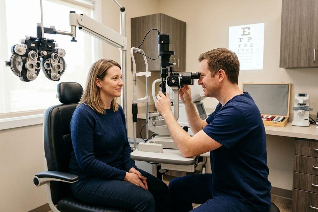 Optometrist performing a comprehensive eye exam on an adult patient using diagnostic equipment in a Winnipeg eye clinic.