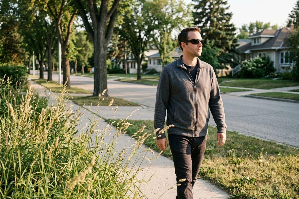 Adult in sunglasses and grey zip-up jacket walking along a residential sidewalk past tall grasses, trees and houses.