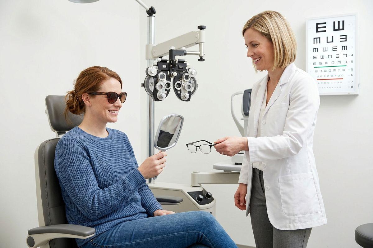 Optometrist hands glasses to a smiling seated patient holding a mirror in an eye exam room with a phoropter and eye chart.
