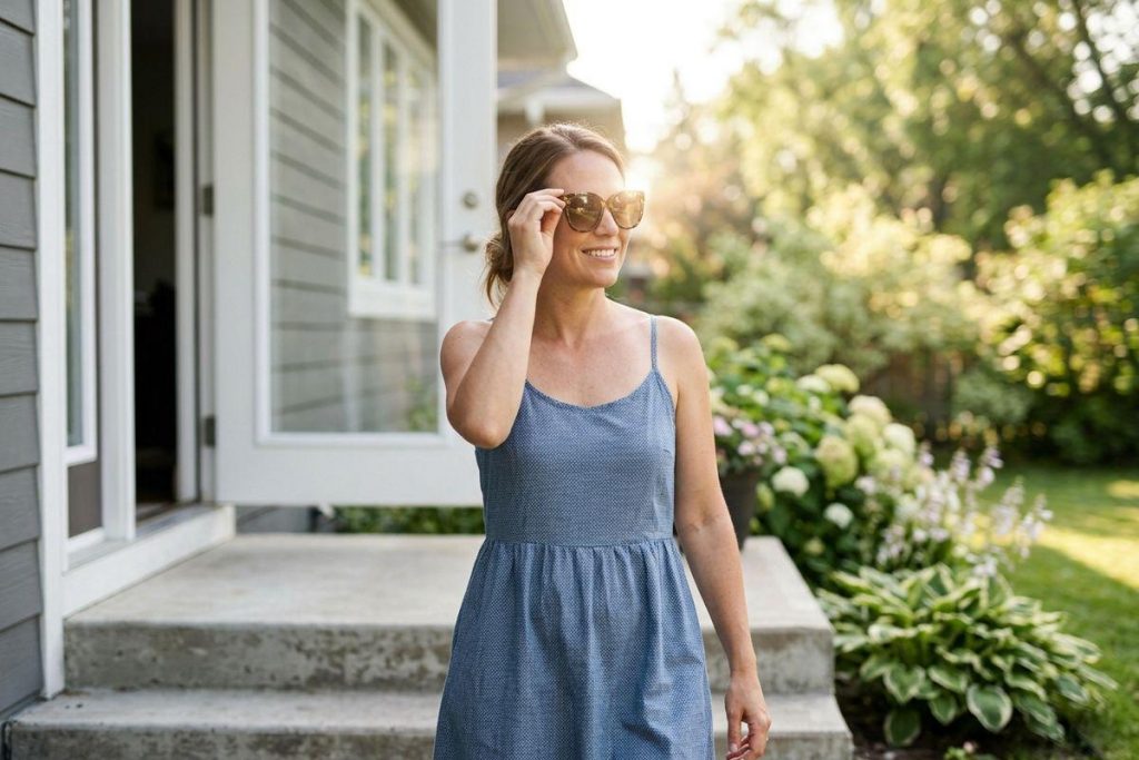 Smiling person in a blue sundress adjusting sunglasses, standing outside a house near a garden with flowers.