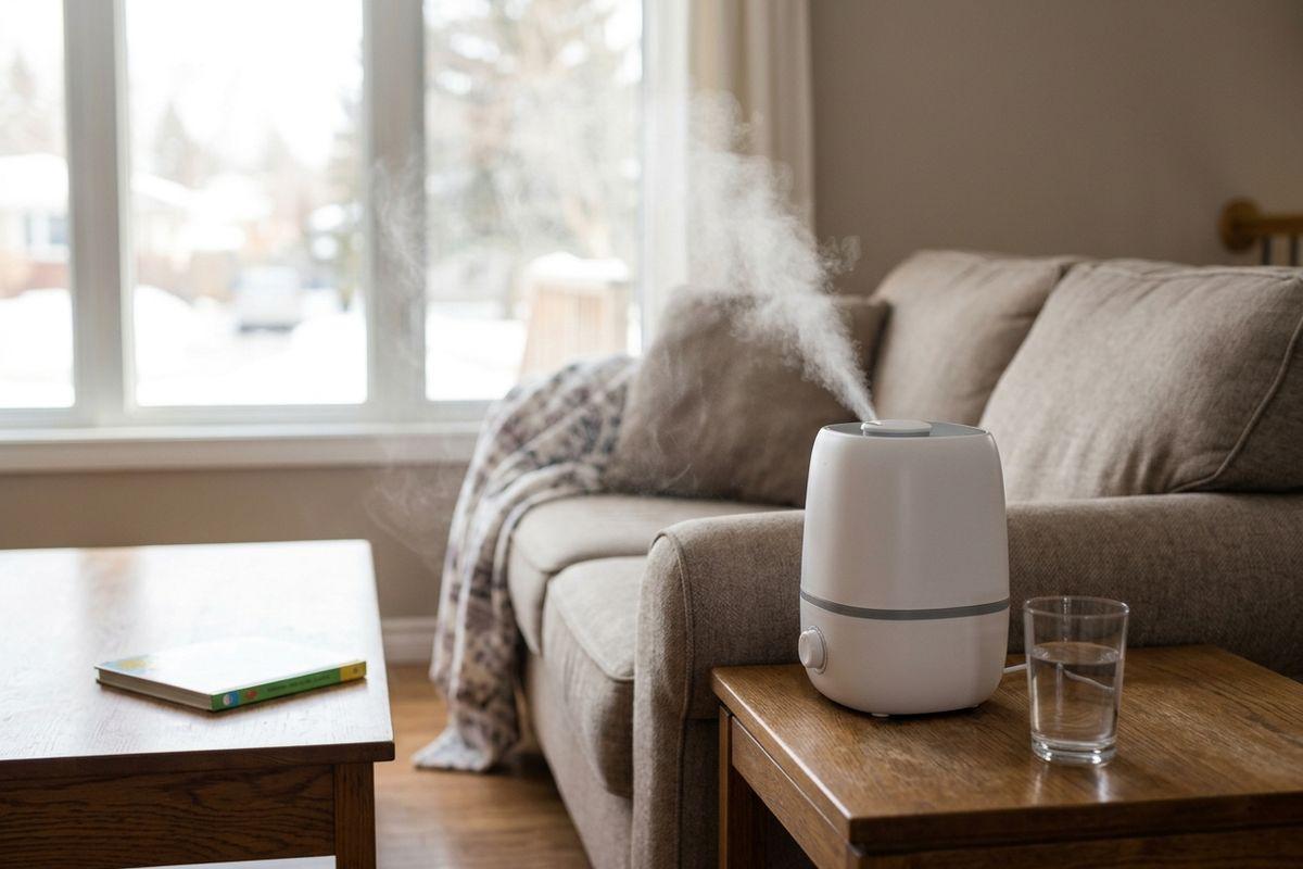 White humidifier releasing mist on a wooden side table beside a glass of water, next to a beige sofa in a living room by a window.
