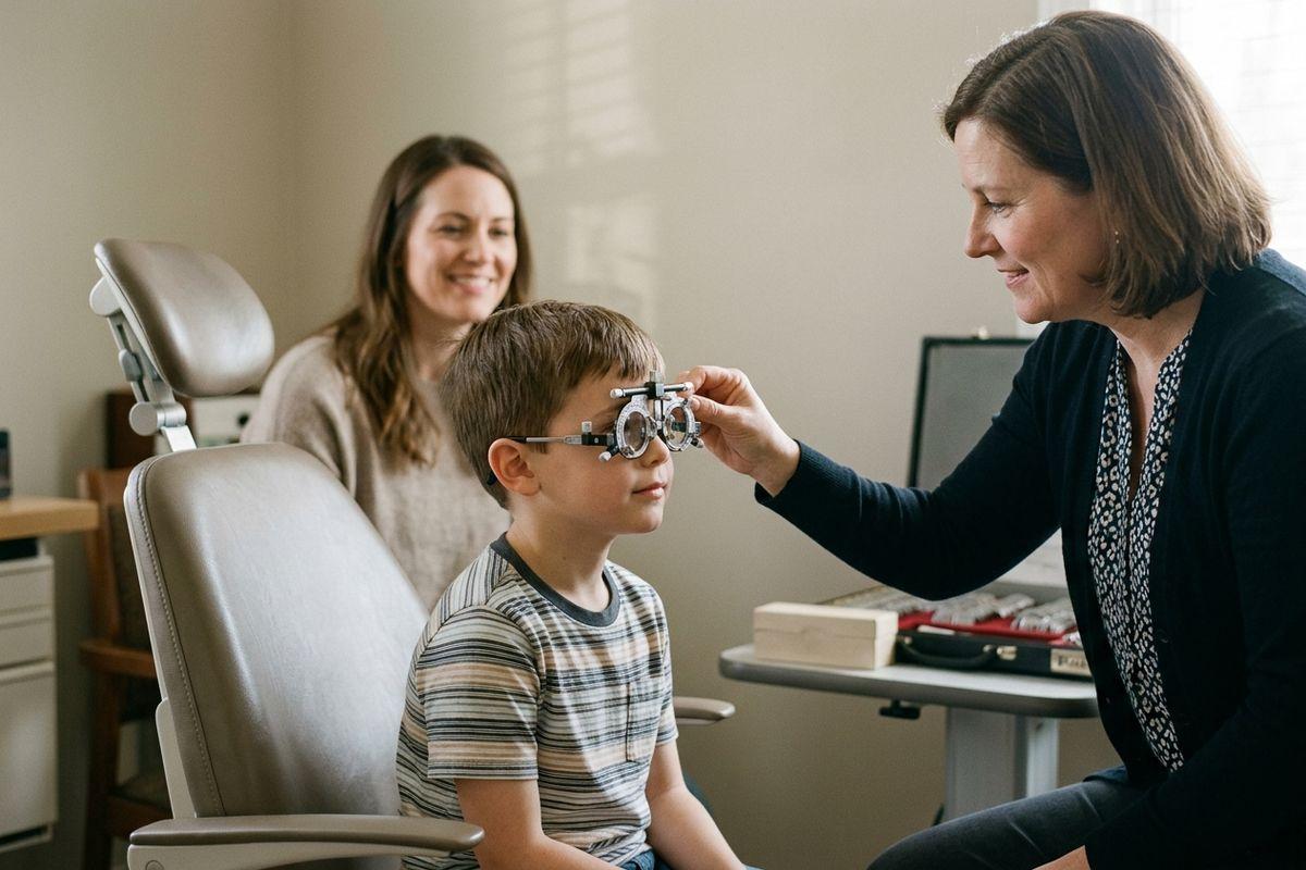Optometrist fits trial lens frames on a child seated in an exam chair while a smiling adult watches from behind.